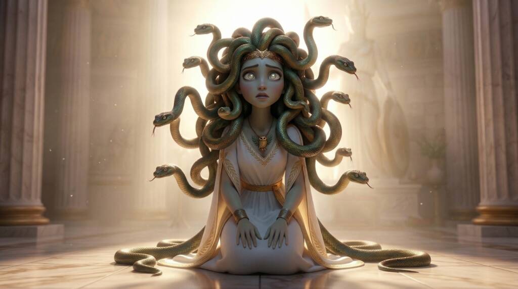 Cinematic Medusa after her curse with snake hair kneeling inside Athena’s temple, glowing eyes and emotional expression in Greek mythology scene