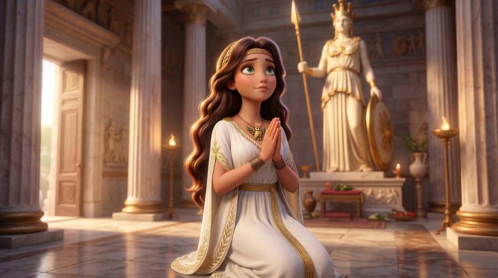Cinematic depiction of Medusa as a priestess praying inside a Greek temple before her curse, soft golden light and marble columns