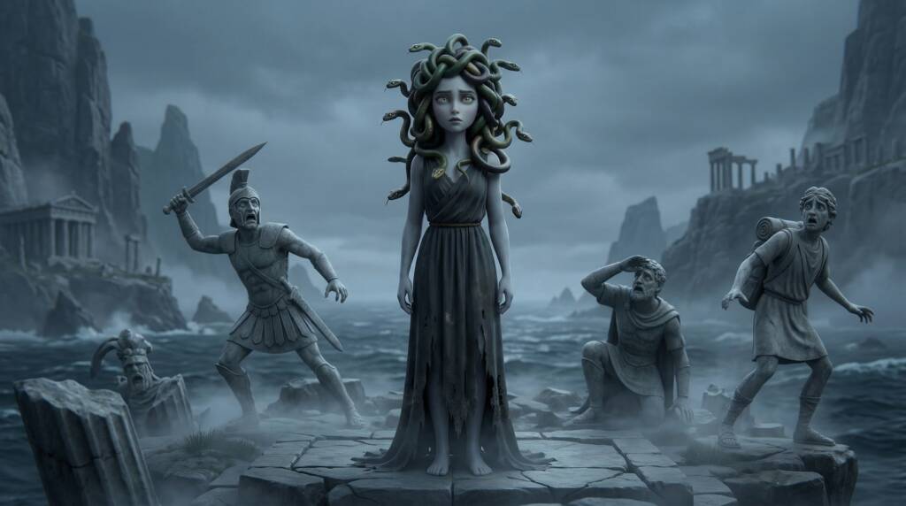 Medusa standing among stone victims on a rocky shore, men turned to stone around her in a dark Greek mythology scene