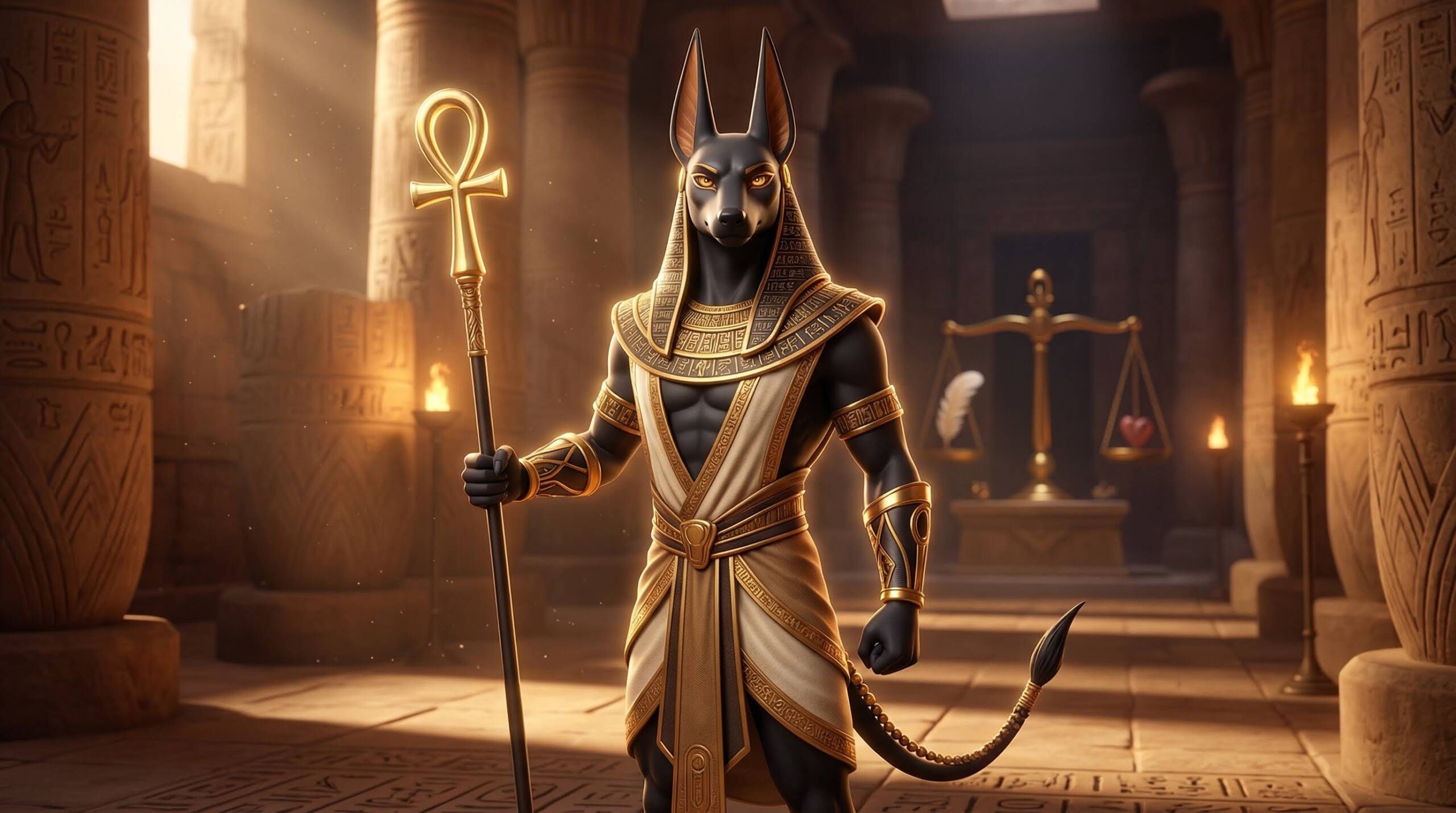 Anubis Egyptian god standing in a golden temple, cinematic mythology scene