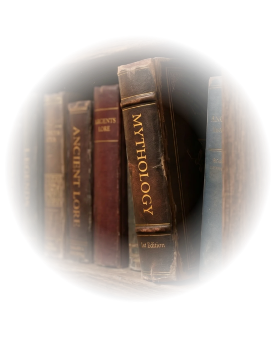 Close-up of a wooden bookshelf filled with vintage mythology and ancient history books, softly lit with warm light